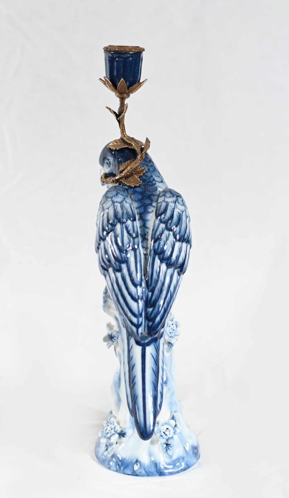 French Porcelain Parrot Candlesticks Blue And White Gilt Mounts photo vintage