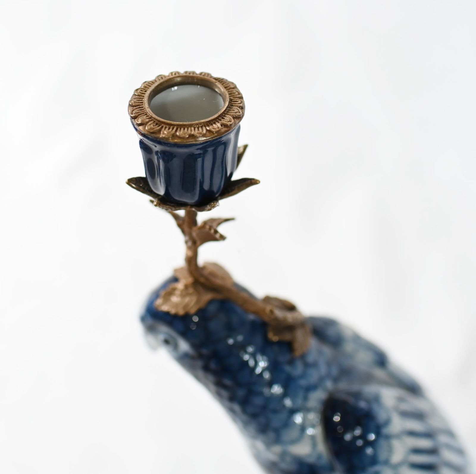 Art French Porcelain Parrot Candlesticks Blue And White Gilt Mounts photo
