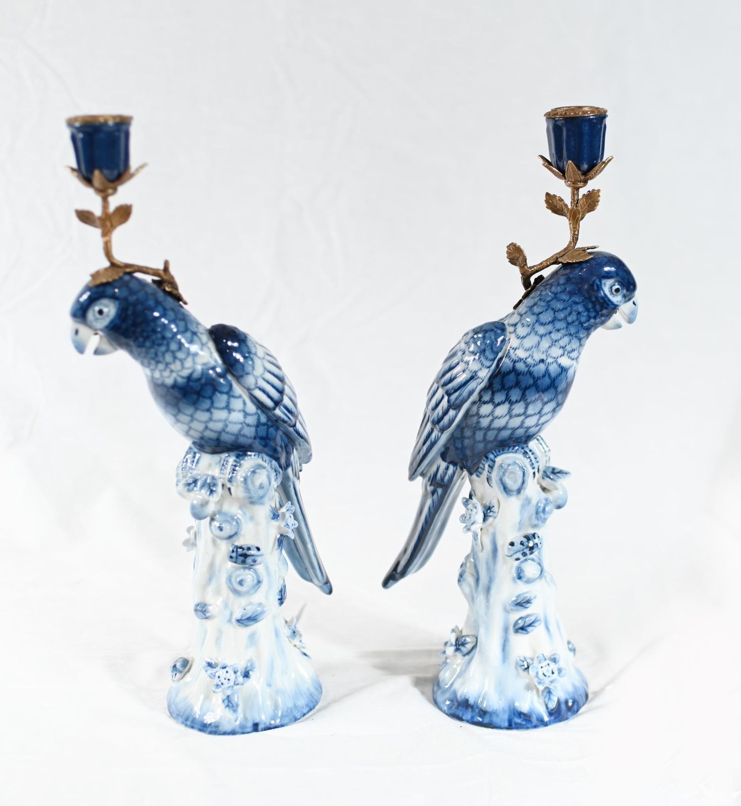 445.0 French Porcelain Parrot Candlesticks Blue And White Gilt Mounts photo