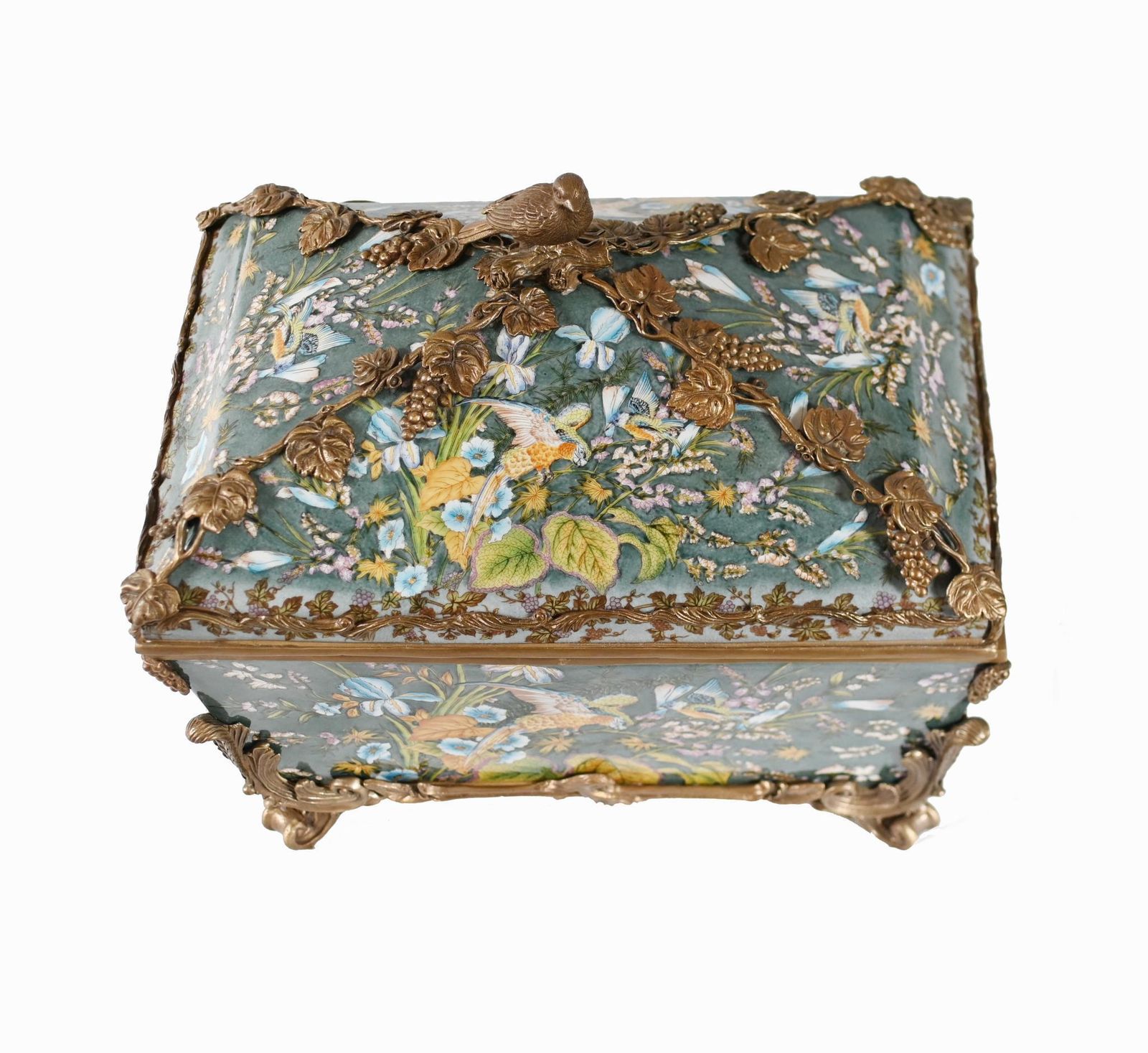 French Porcelain Casket Floral Jewellery Box Sarcophagus Form photo vintage