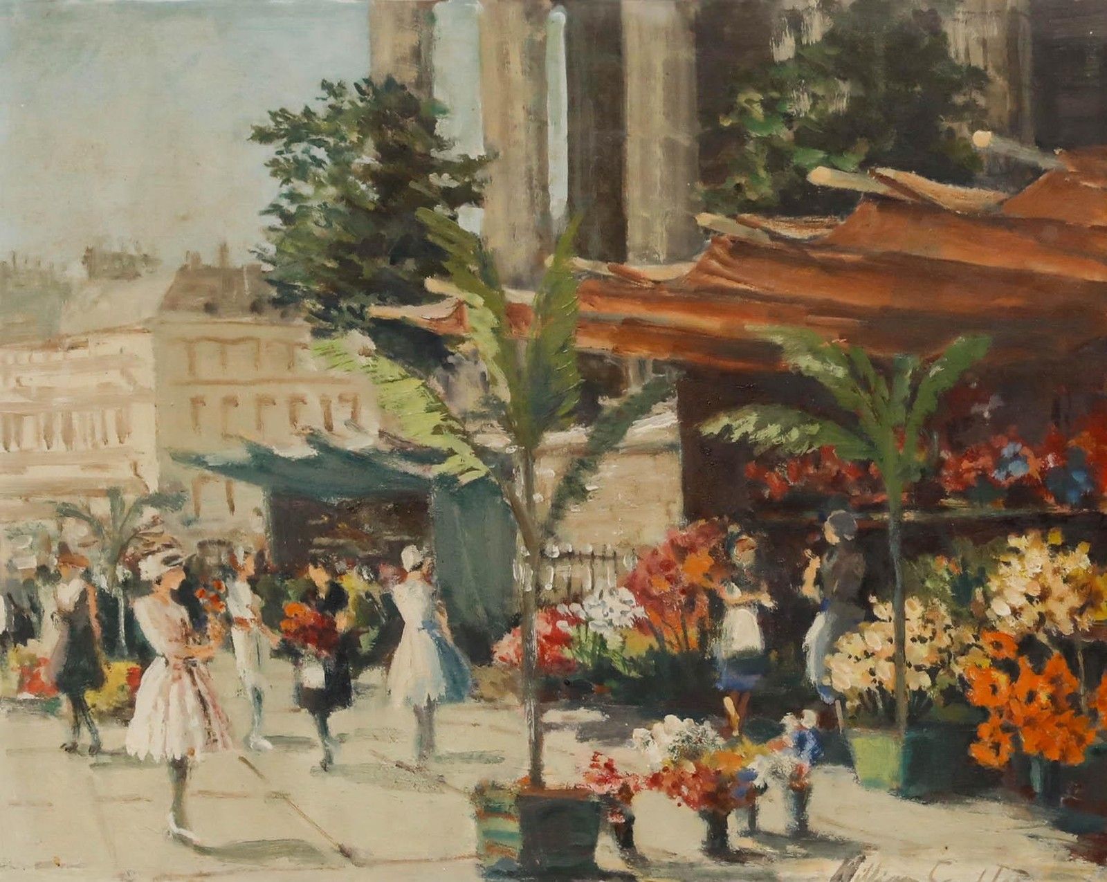 William Scudder Framed Mid 20th Century Oil, Flower Walk, Paris photo furniture