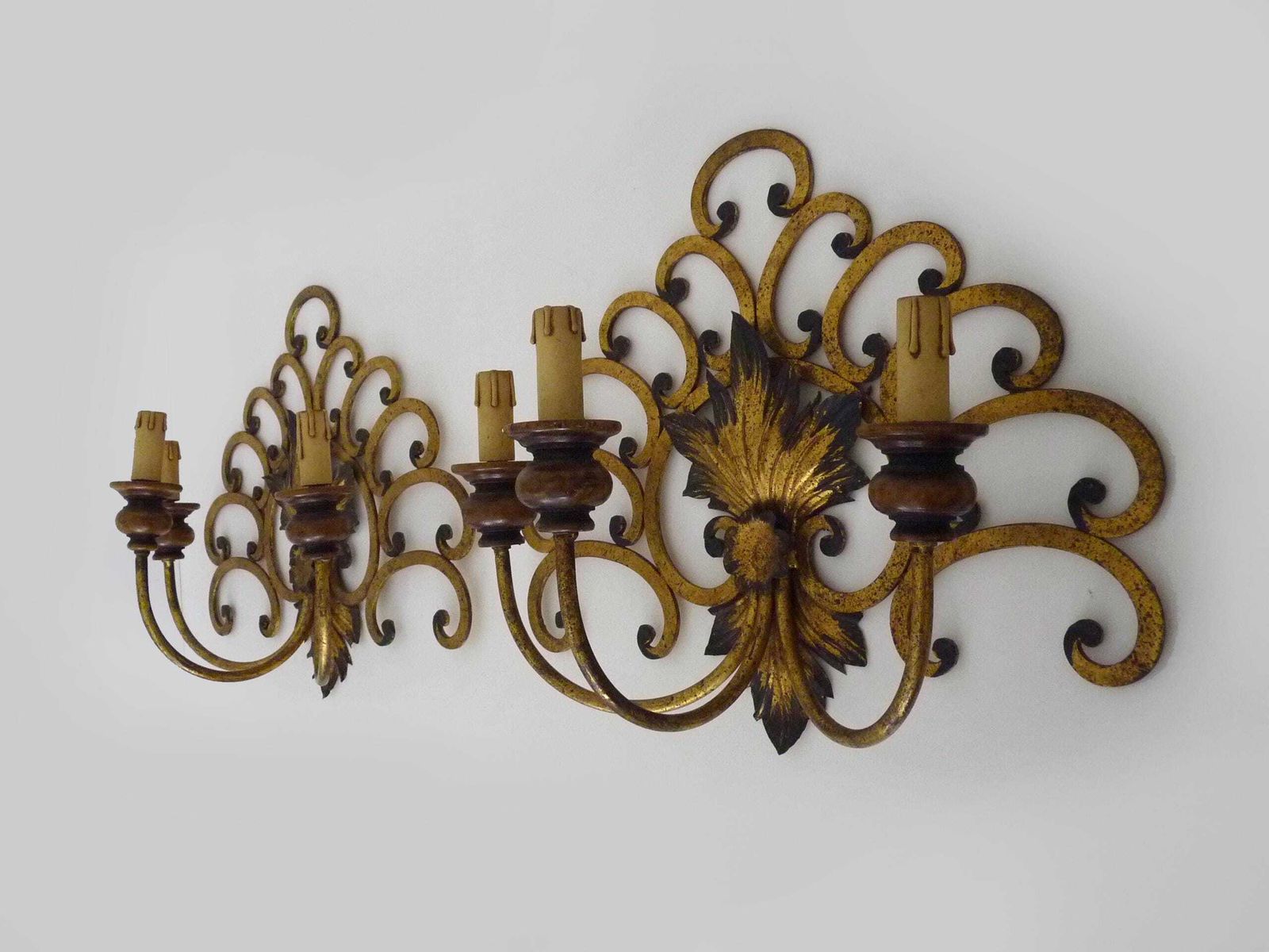 Large Pair Of Italian Three Light Wall Sconces In Gilt Wrought Iron. 1950s photo Lighting