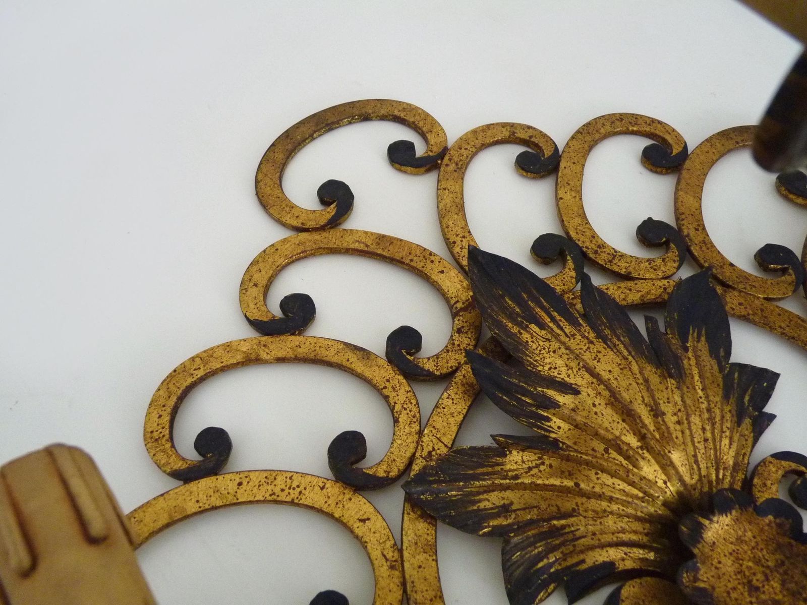 Large Pair Of Italian Three Light Wall Sconces In Gilt Wrought Iron. 1950s photo vinterior