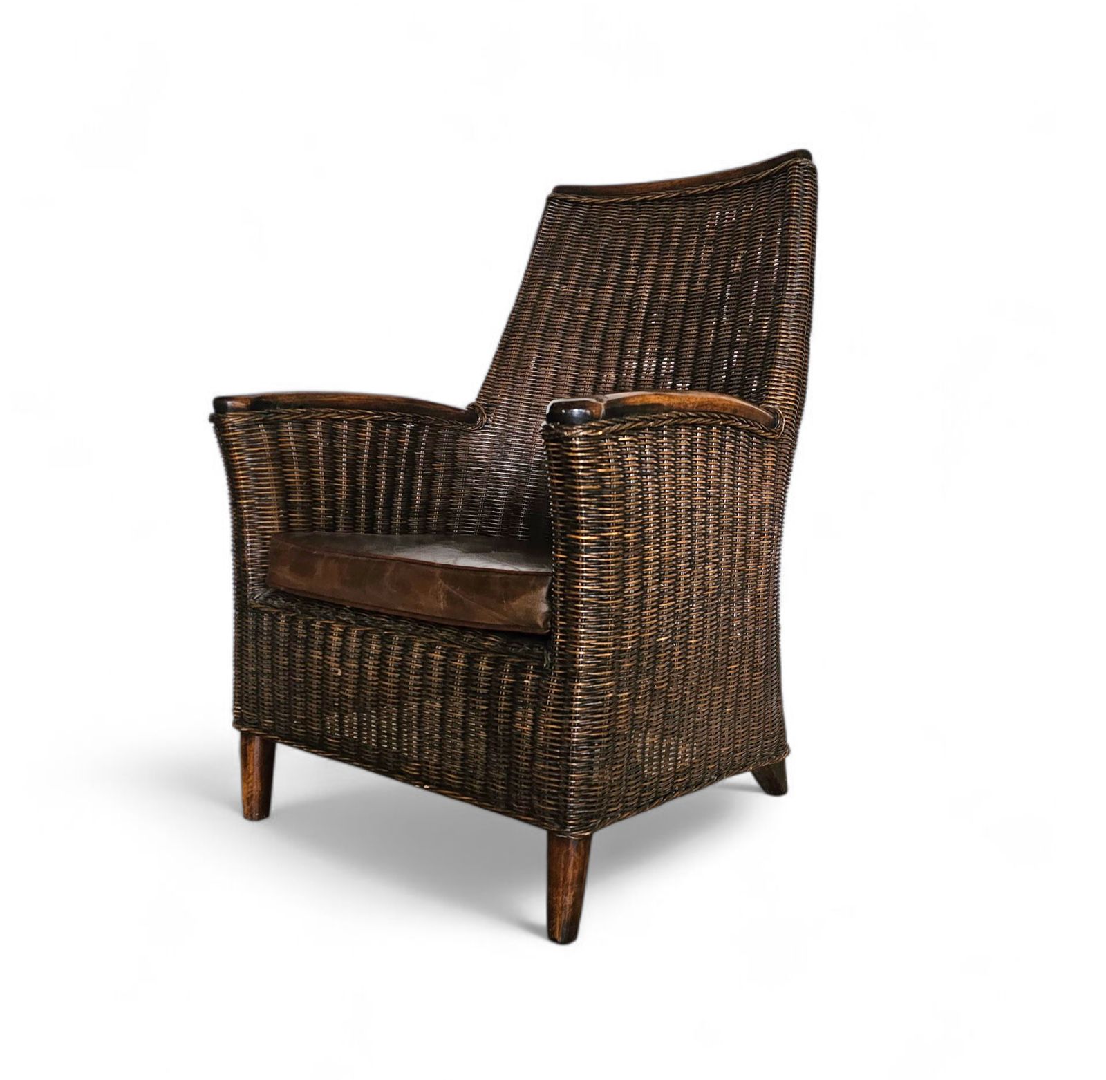 Furniture Rattan Arm Chair 1960s / Wooden Armrests / Leather Seat photo