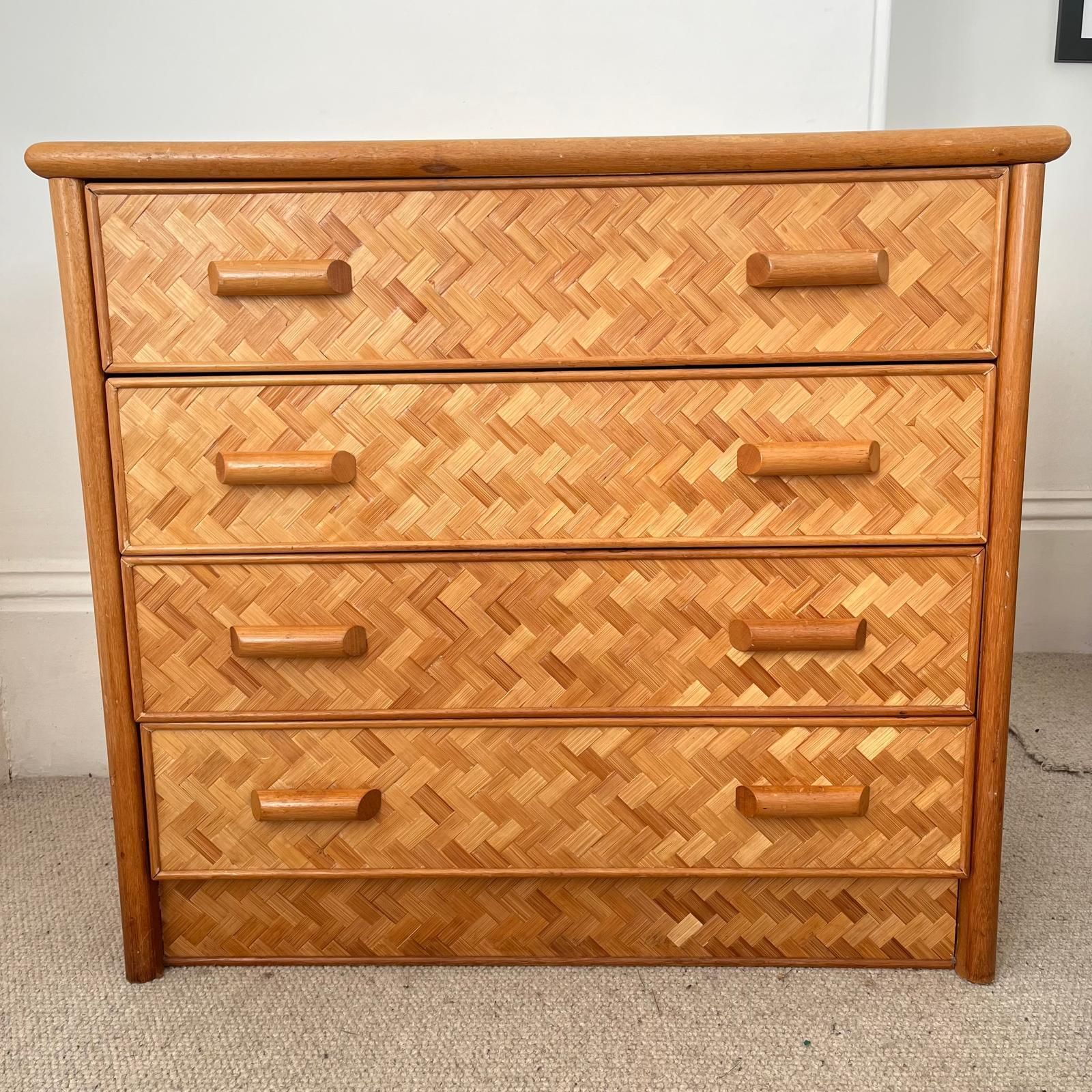 Mid Century Rattan Cane Chest Of Drawers With Lattice Cane Finish