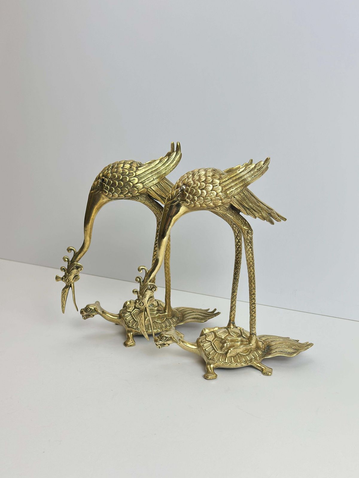 Brass Crane And Turtle Sculptures, Japanese Mid Century Pair, 1950s photo for sale