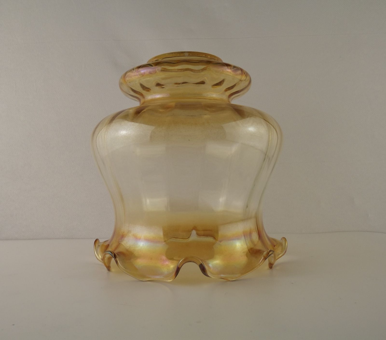 Large Mid Century Amber Glass Light Shade With Ribbed Effect & Frilled Edge