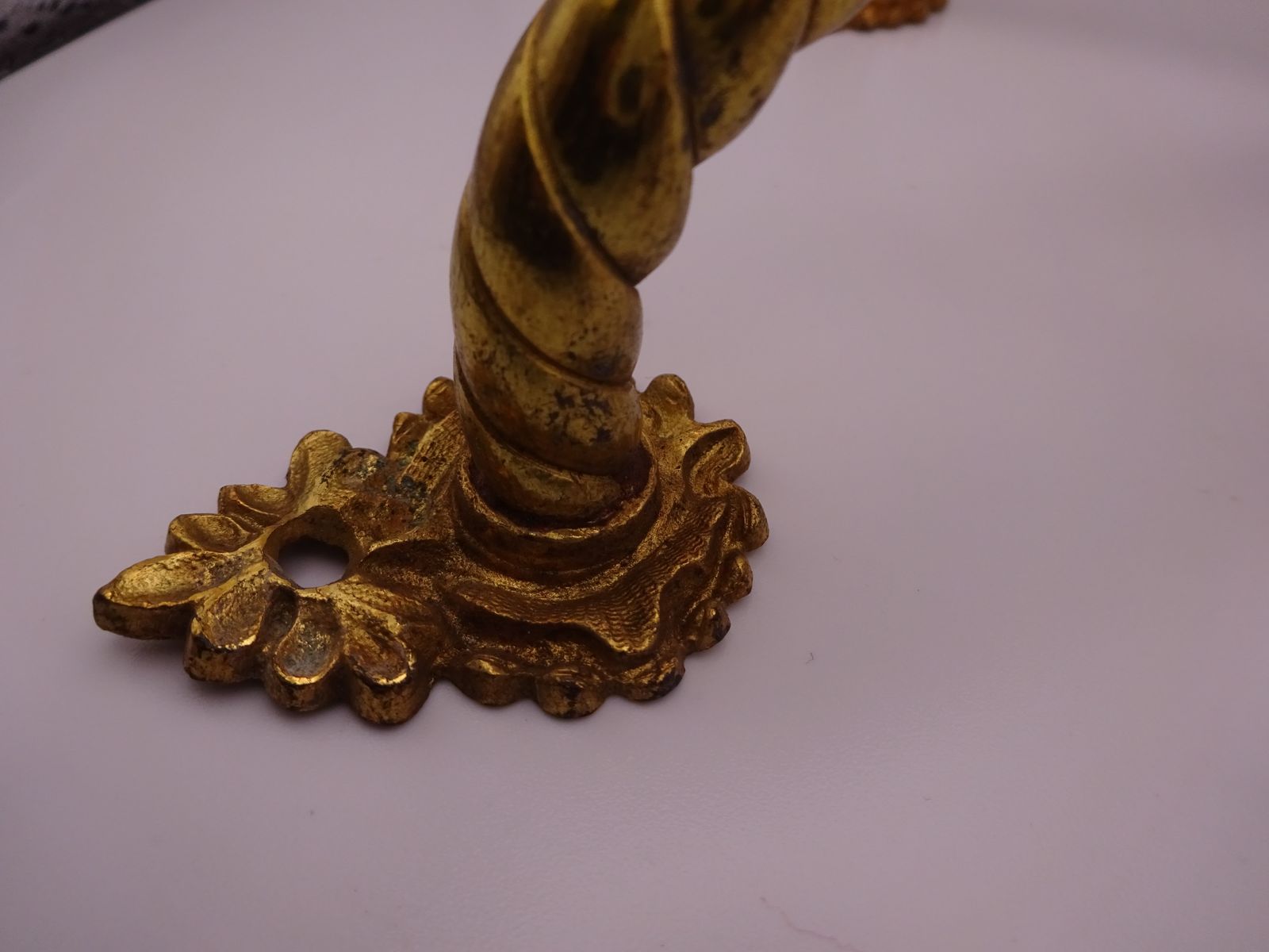 Pair Of Reclaimed Antique Brass Door Pulls, Rope Twist Handle And Leaf Backplate photo for sale