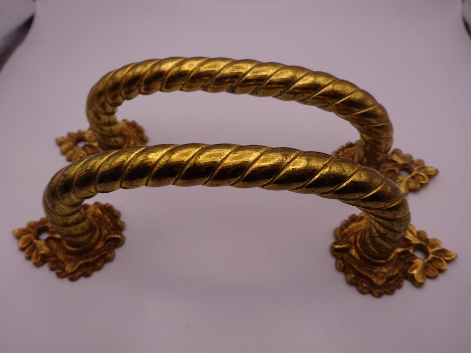 Pair Of Reclaimed Antique Brass Door Pulls, Rope Twist Handle And Leaf Backplate photo 75.0