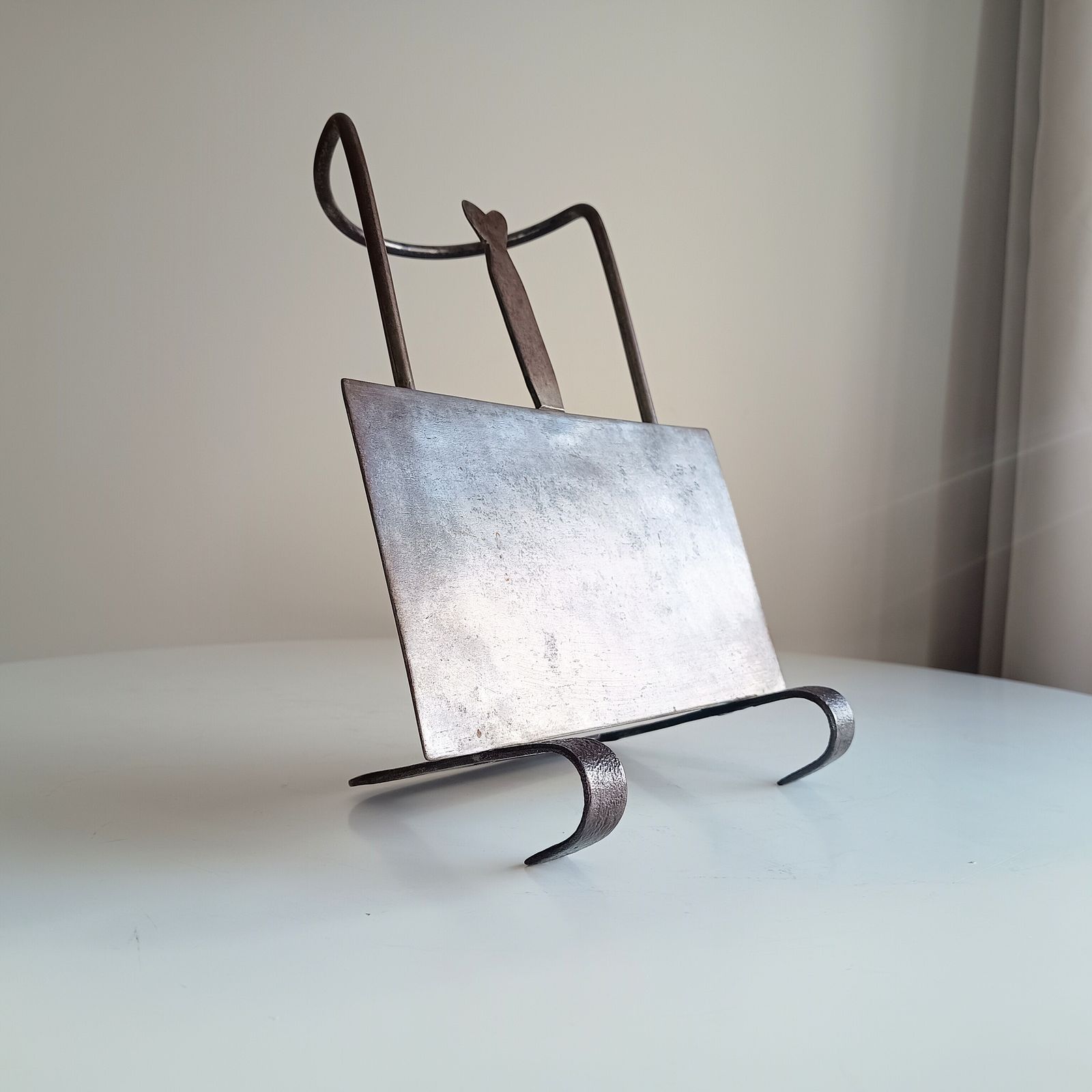 Arts & Crafts Cotswolds Hand Forged Riveted Hearth Trivet Cooking Stand, Sliding Plate Heart Shaped Finial