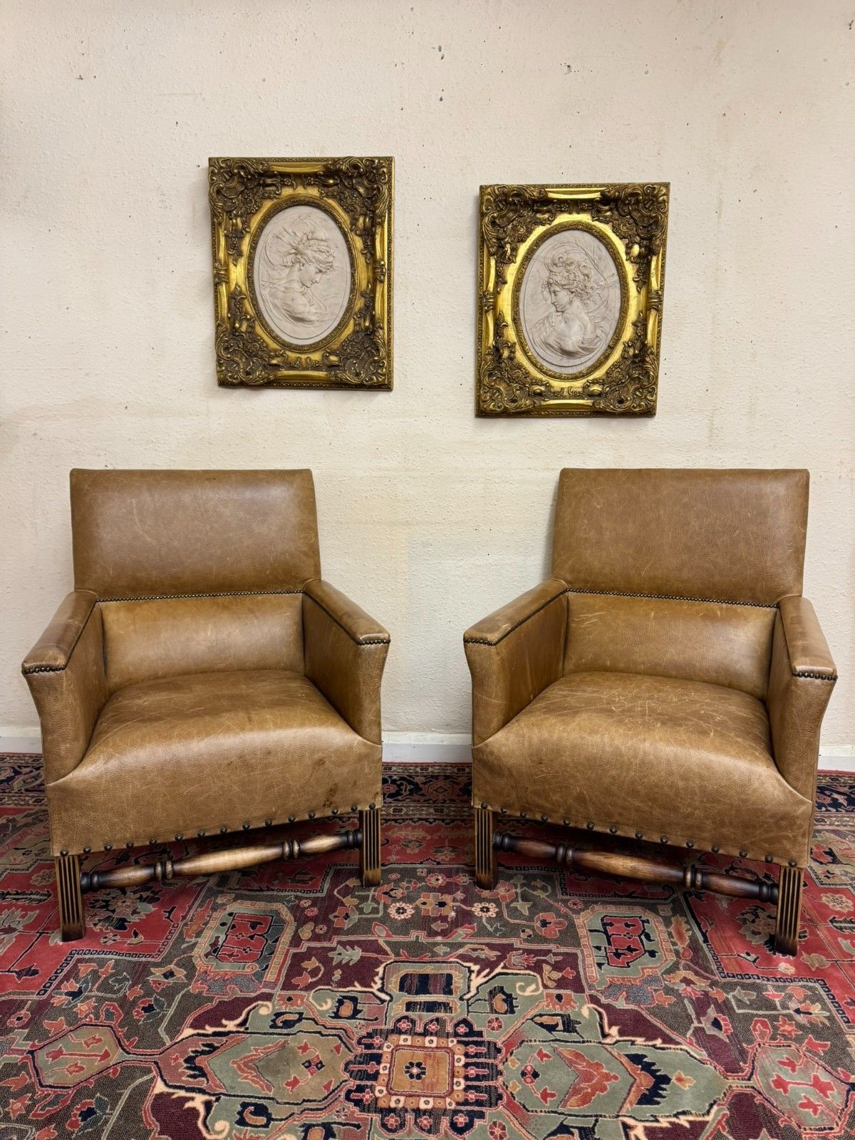 Stunning Pair Of Oak Framed Leather Upholstered Armchairs