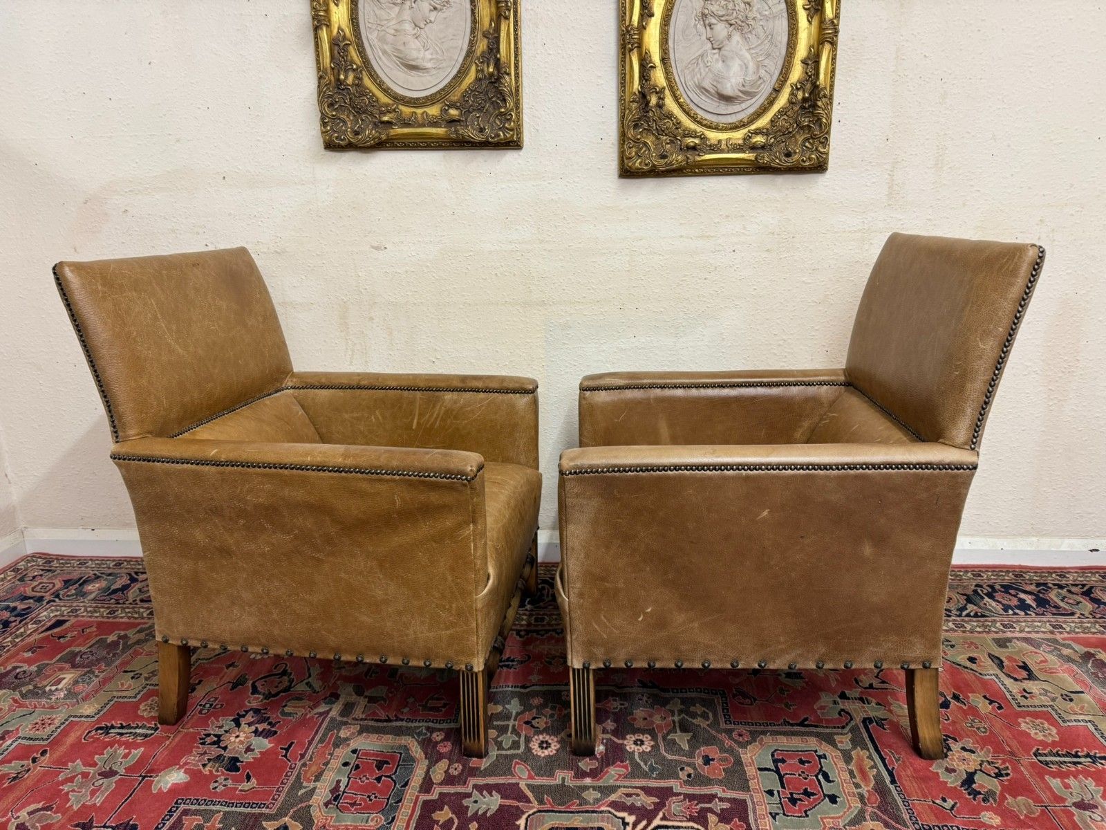 photo for sale Stunning Pair Of Oak Framed Leather Upholstered Armchairs