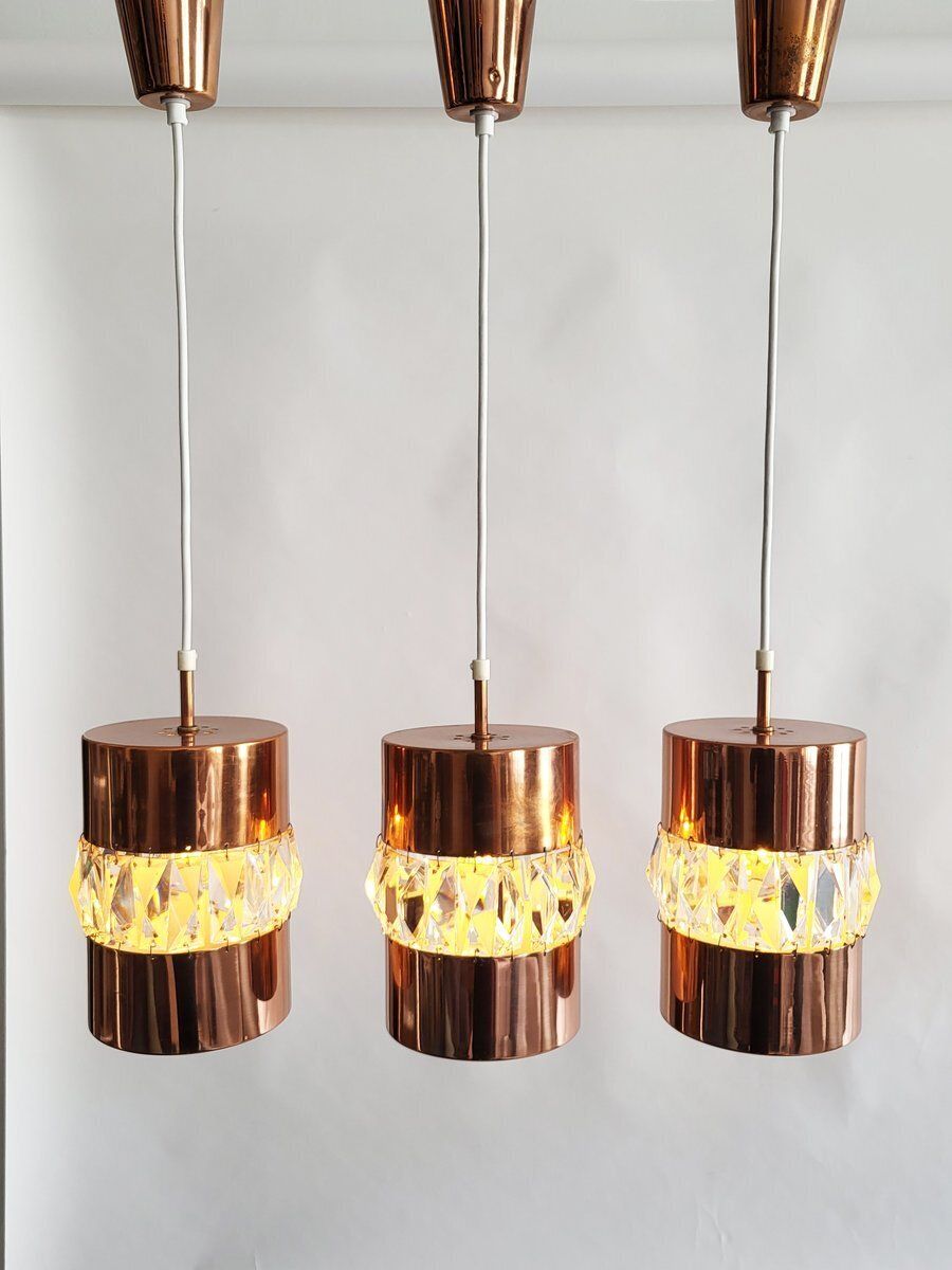 Modernist Crystal And Copper Pendant Lights By Bakalowits & Söhne, Austria, 1960s, Set Of 3 photo for sale