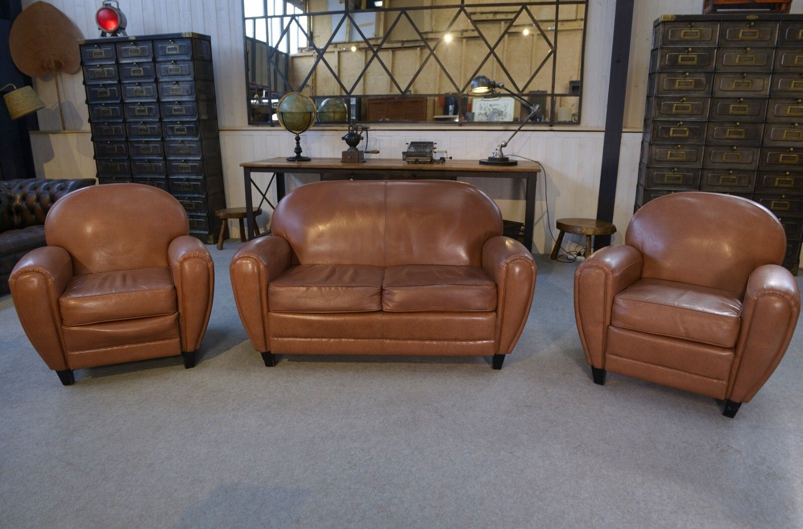 1980's Camel Faux Leather Club Sofa Set 2 Seater And 2 Armchairs
