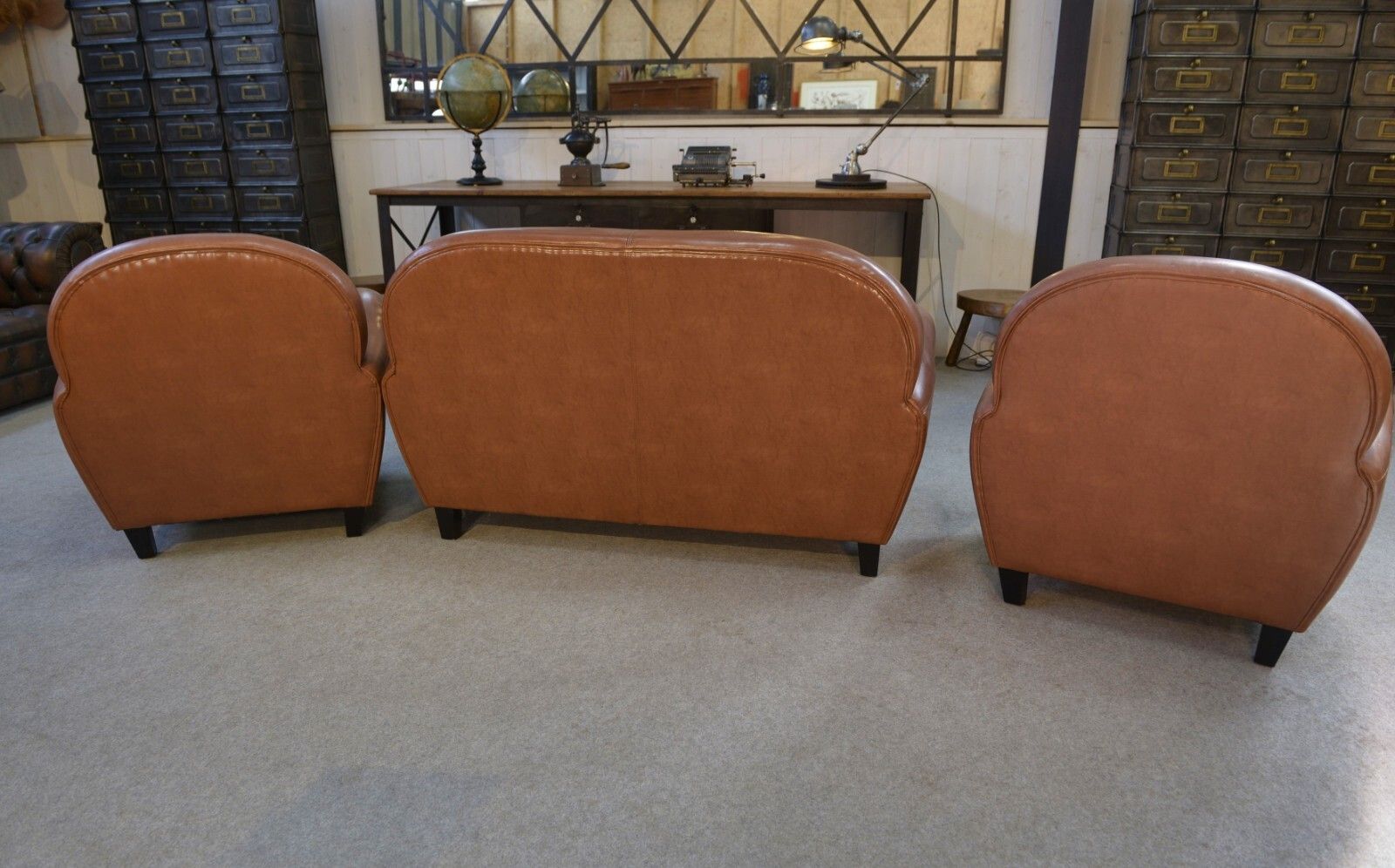 Furniture 1980's Camel Faux Leather Club Sofa Set 2 Seater And 2 Armchairs photo