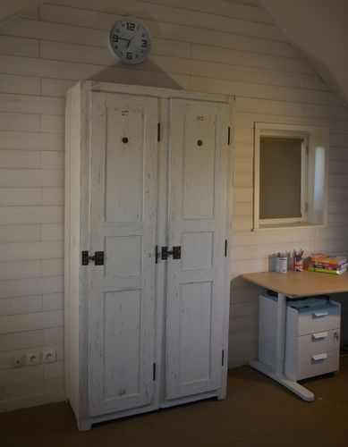 1950's Antique White Patina Wooden Wardrobe 2 Door photo furniture