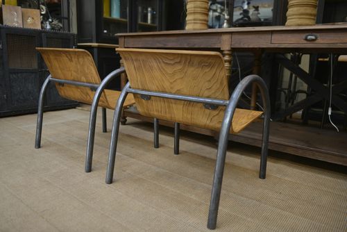 photo for sale Pair Of Vintage Design Armchairs Metal And Wood 1950