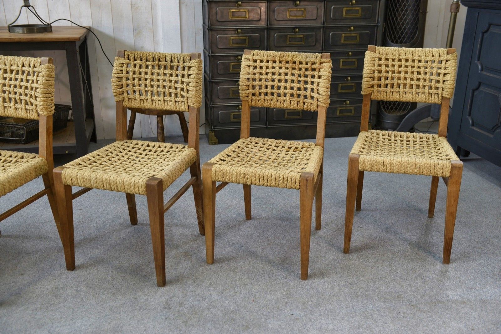 photo furniture Set Of 6 Woven Rope Chairs By Adrien Audoux & Frida Minet 1940's