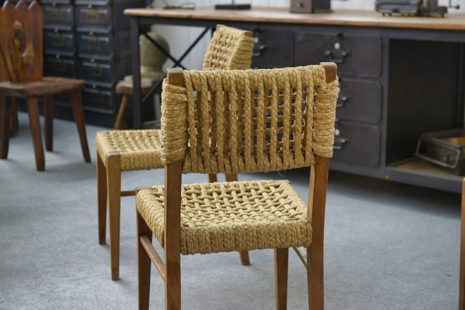 photo for sale Set Of 6 Woven Rope Chairs By Adrien Audoux & Frida Minet 1940's