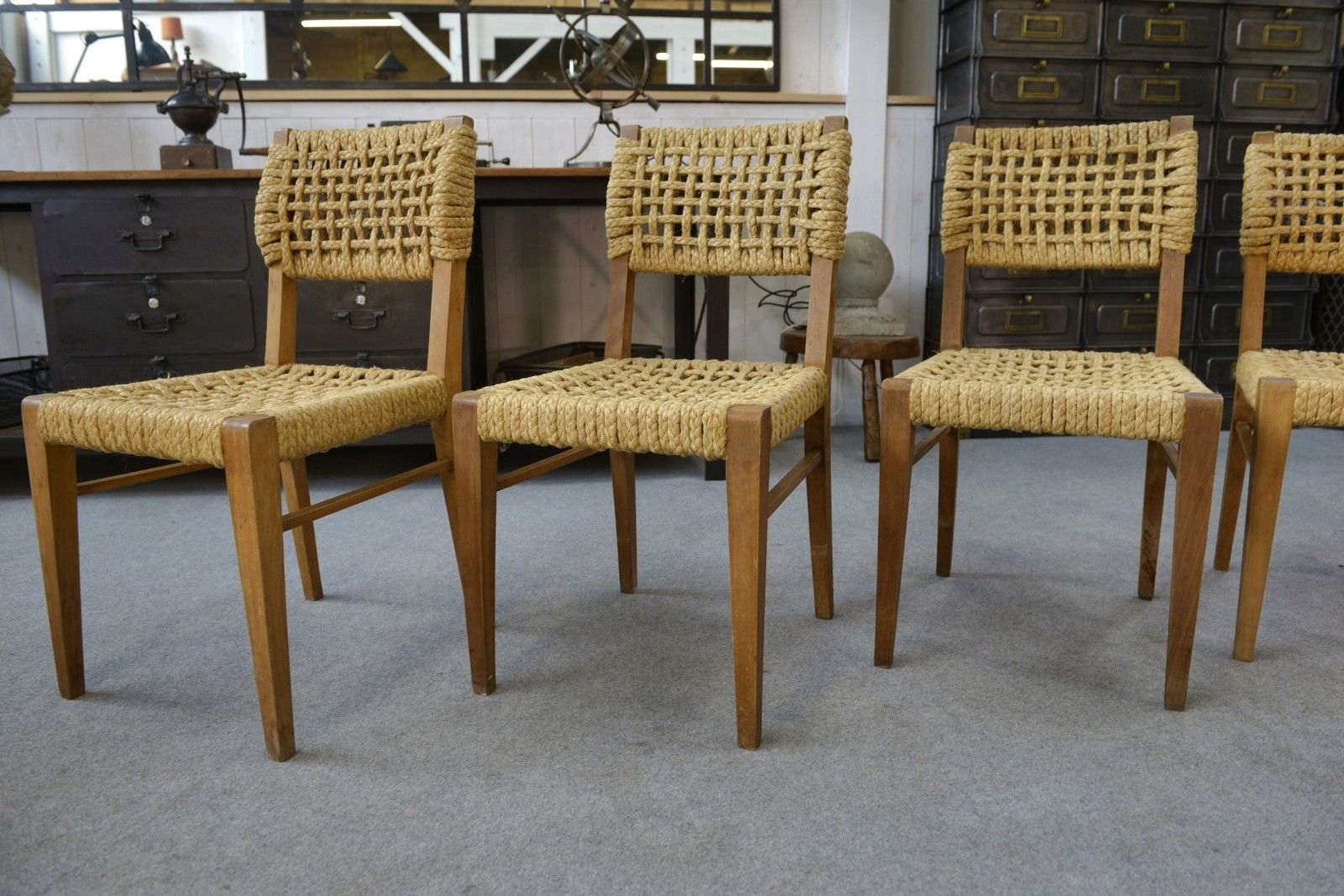 Furniture Set Of 6 Woven Rope Chairs By Adrien Audoux & Frida Minet 1940's photo
