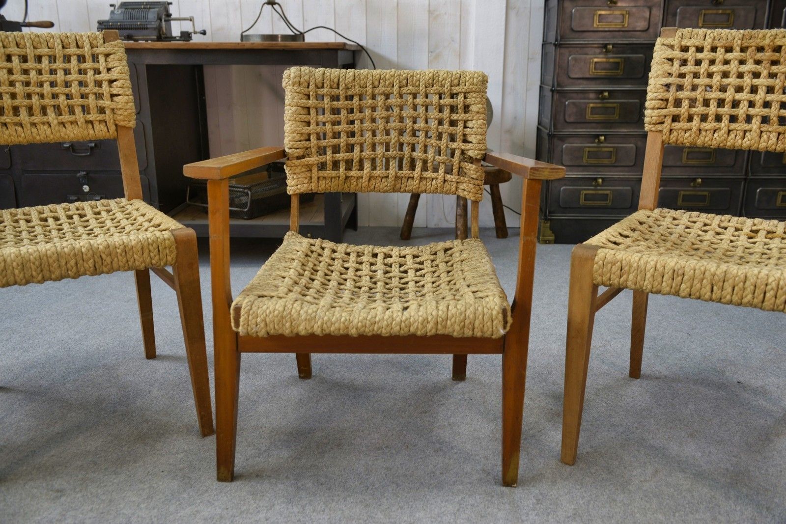 5296.0 Set Of 6 Woven Rope Chairs By Adrien Audoux & Frida Minet 1940's photo