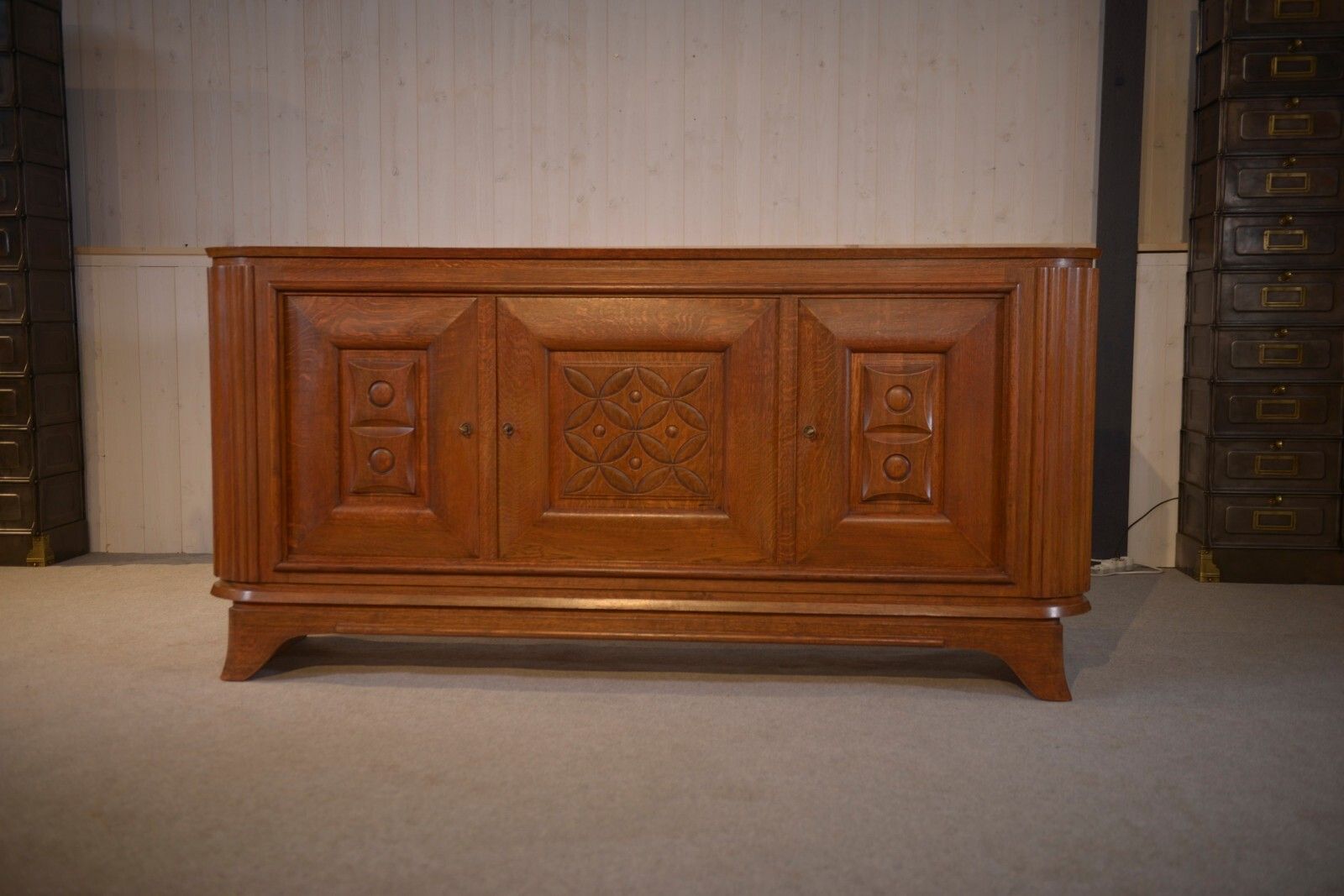 1950's Solid Oak 3 Door Sideboard Curved Feet photo furniture