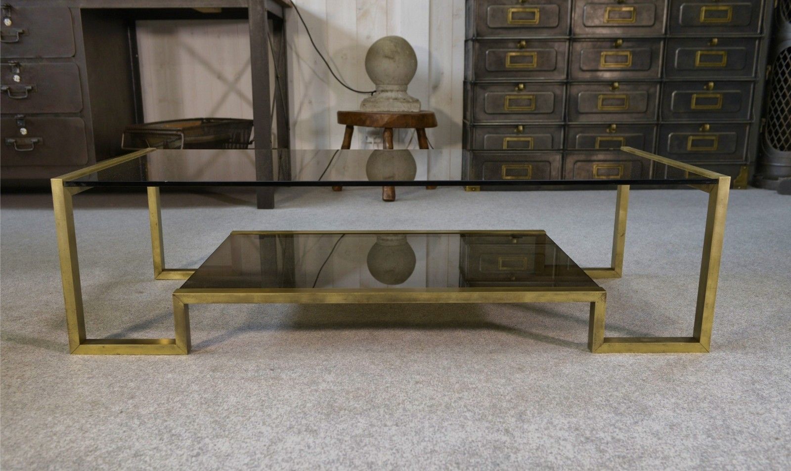 1970's Black Brass And Smoked Glass Structure Design Coffee Table photo vinterior