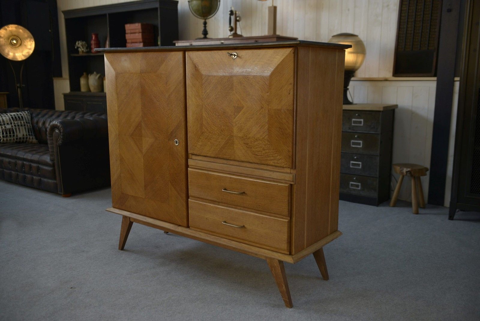 Oak Secretary Sideboard With Leather Top And Compass Feet 1960's