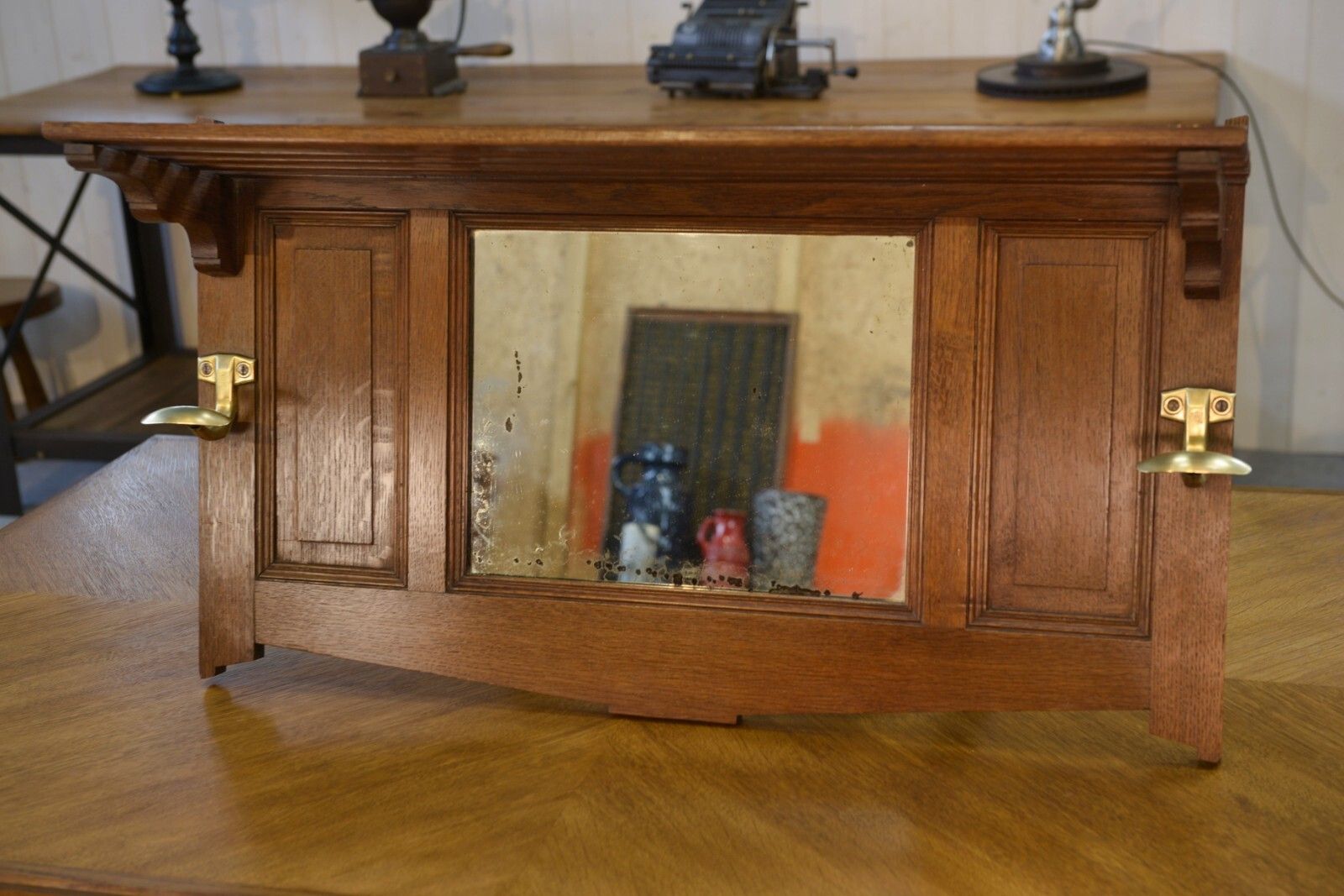 Solid Oak Coat Rack And 2 Brass Art Deco Hangers 1930's photo furniture