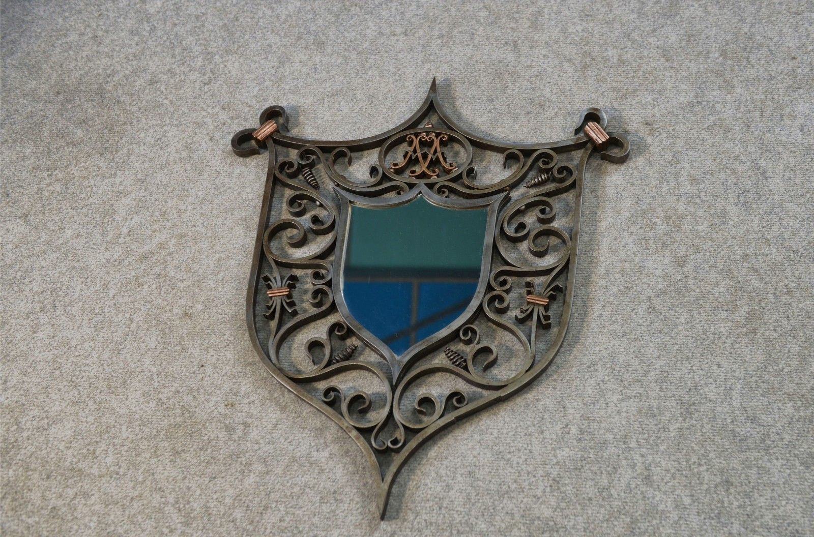 Antique Wrought Iron And Copper Turned Mirror Coat Of Arms Base 19th Century photo for sale