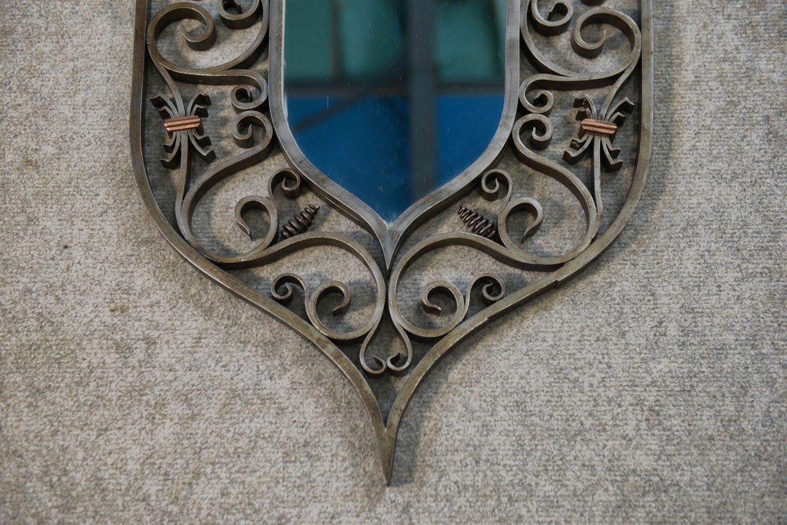 Antique Wrought Iron And Copper Turned Mirror Coat Of Arms Base 19th Century photo Home Decor