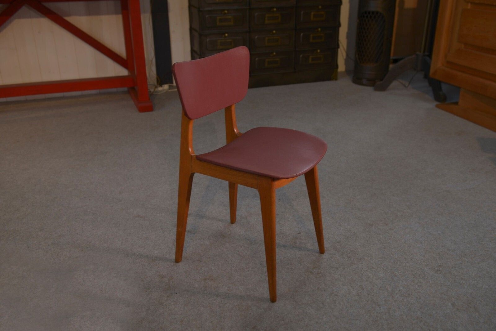 1960's Burgundy Oak And Skai Design 4 Chairs Set photo vintage