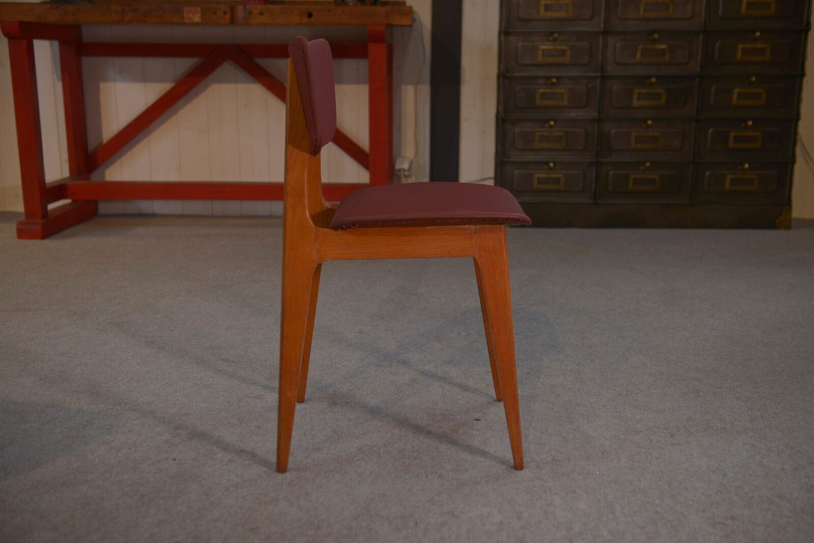 Furniture 1960's Burgundy Oak And Skai Design 4 Chairs Set photo