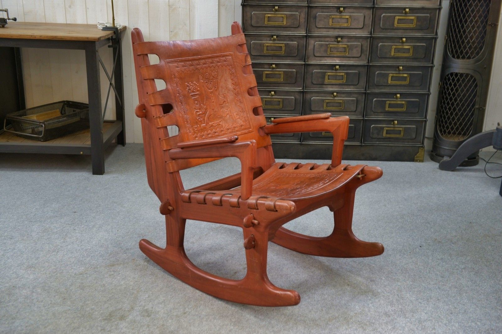 1960's Red Wood And Leather Armchair By Angel Pazmino