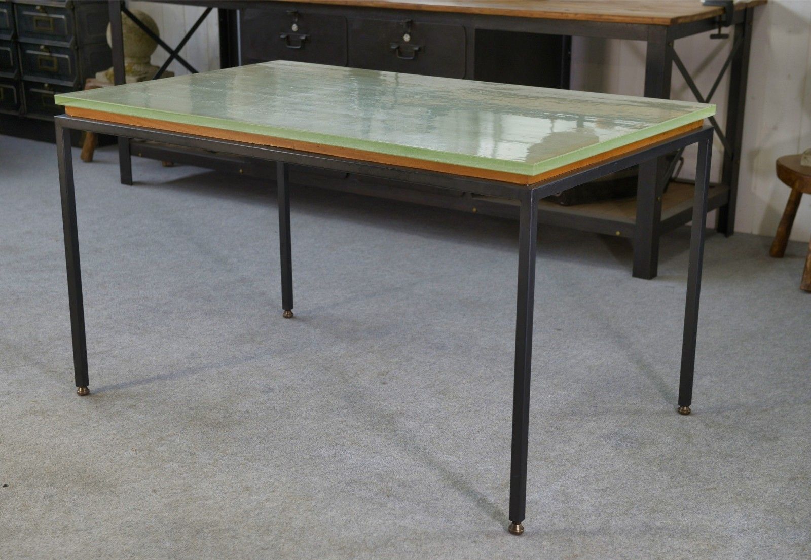 Saint Gobain Glass And Black Lacquered Metal Design Table 1960's photo for sale