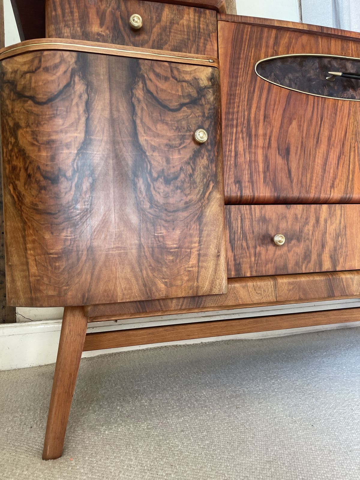 photo furniture Mid Century Beautility Walnut Burl Cocktail Cabinet
