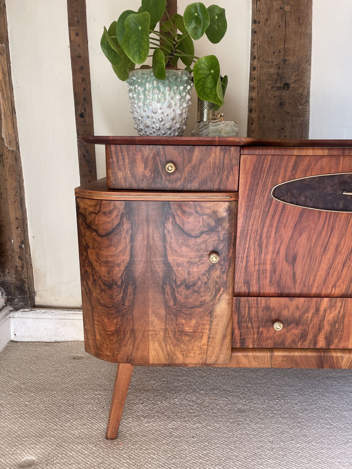 1450.0 Mid Century Beautility Walnut Burl Cocktail Cabinet photo