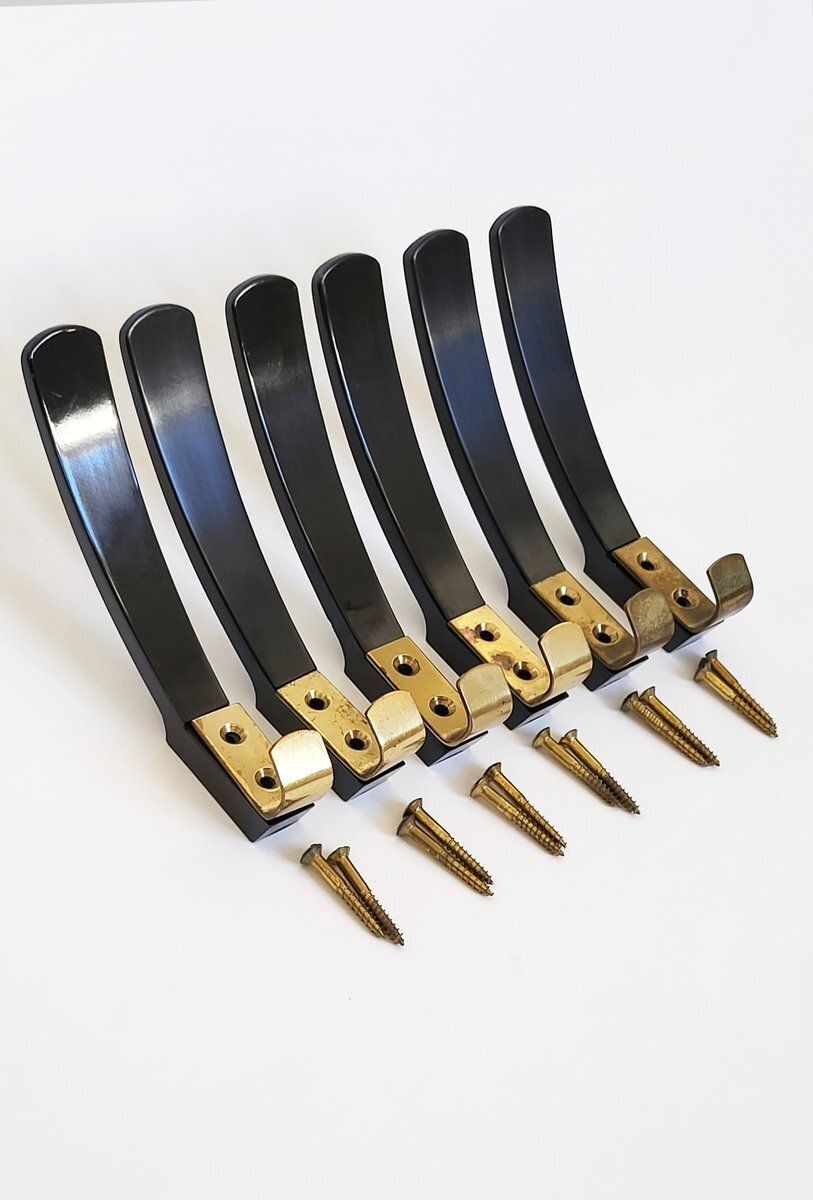 Mid Century Austrian Bakelite And Brass Wall Hooks, 1950s, Set Of 6 photo for sale