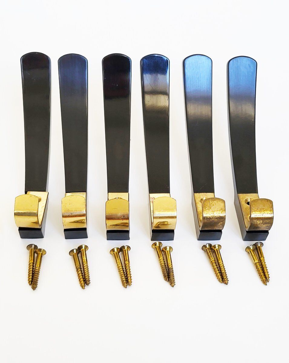 Mid Century Austrian Bakelite And Brass Wall Hooks, 1950s, Set Of 6 photo 870.0