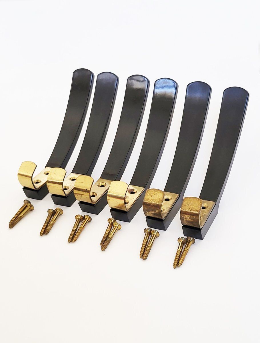Mid Century Austrian Bakelite And Brass Wall Hooks, 1950s, Set Of 6 photo vinterior