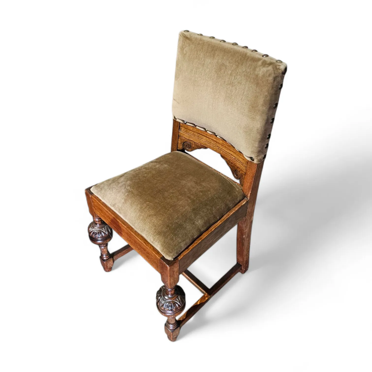 Jacobean / Tudor Style / Oak Chairs / Green Velvet / 1930s