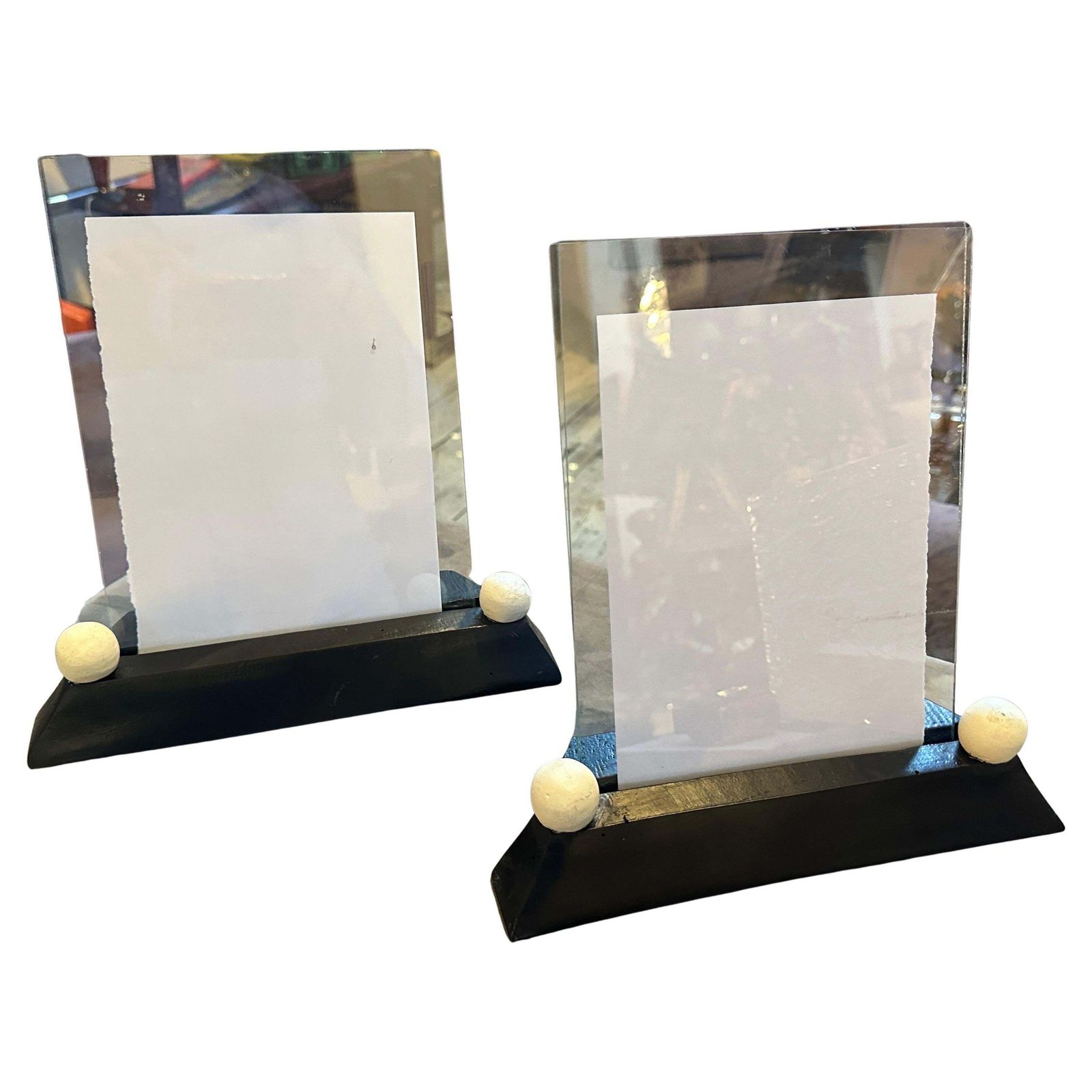 Two Art Deco Black And White Lacquered Wood And Glass French Picture Frames