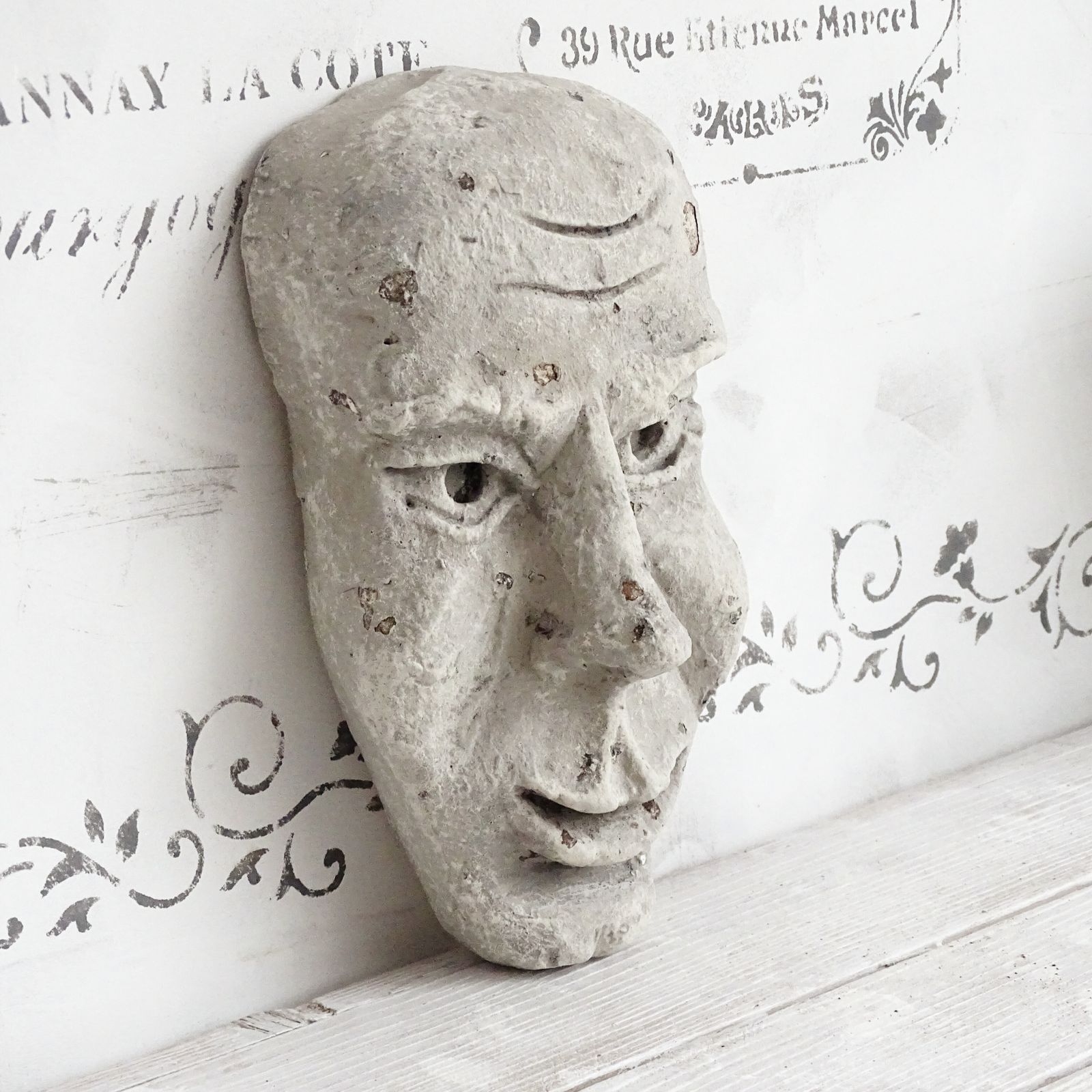 Grotesque Plaster Face Wall Sculpture, Distressed Creepy Portrait Mask, Human Face Plaster Cast Head