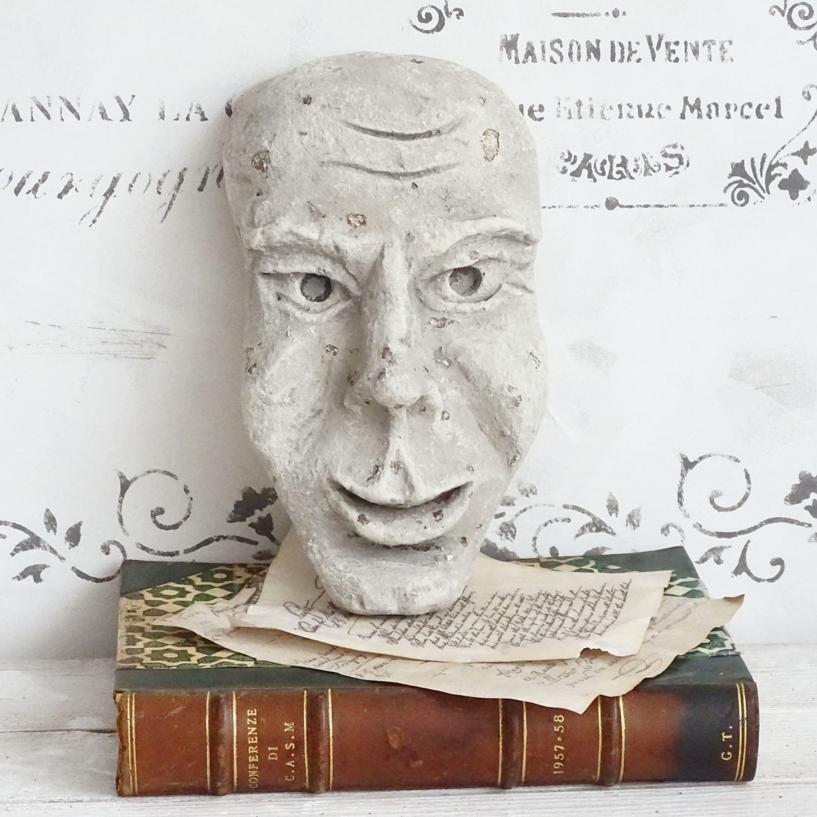 75.0 Grotesque Plaster Face Wall Sculpture, Distressed Creepy Portrait Mask, Human Face Plaster Cast Head photo