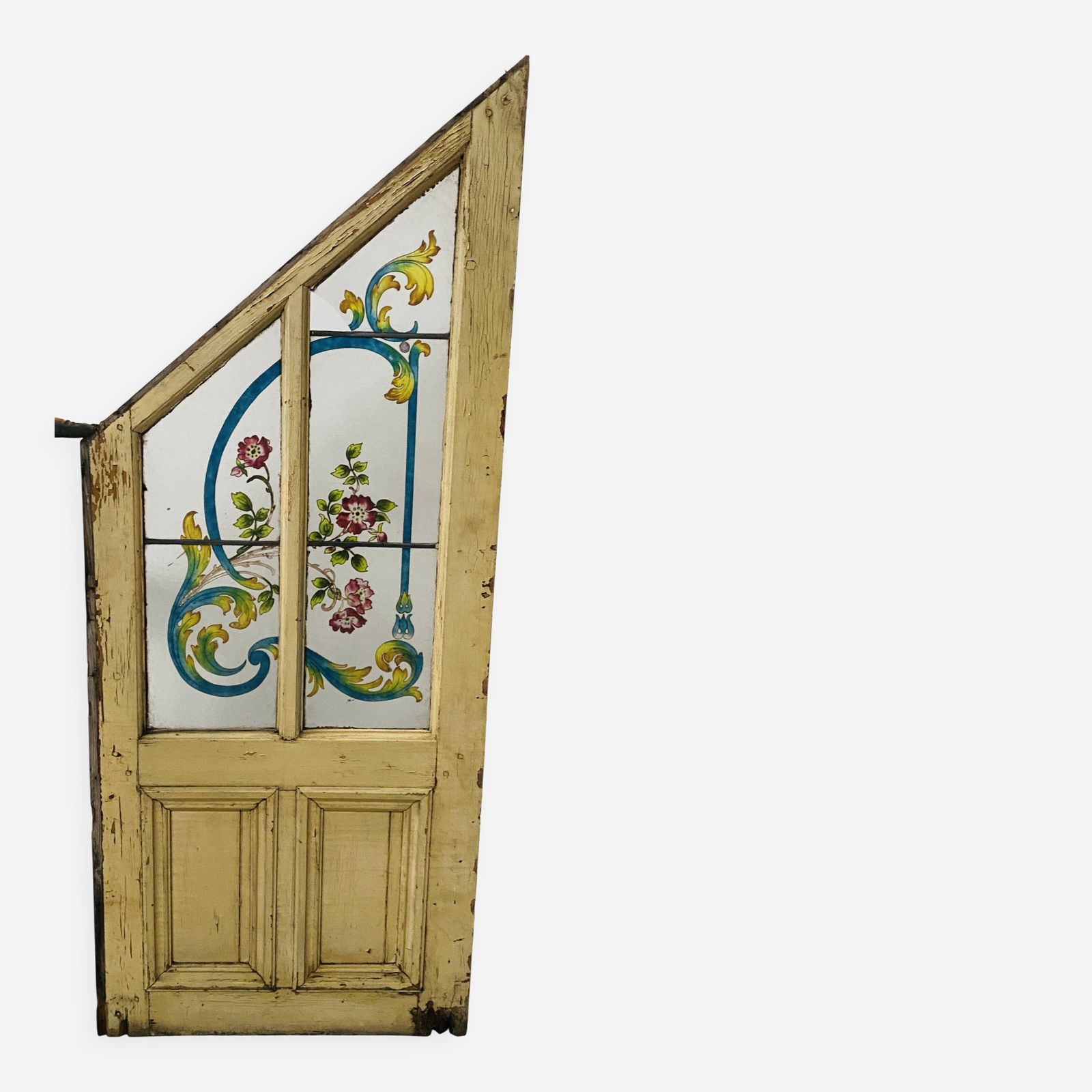 20th Century Fir And Painted Glass Under Stair Door
