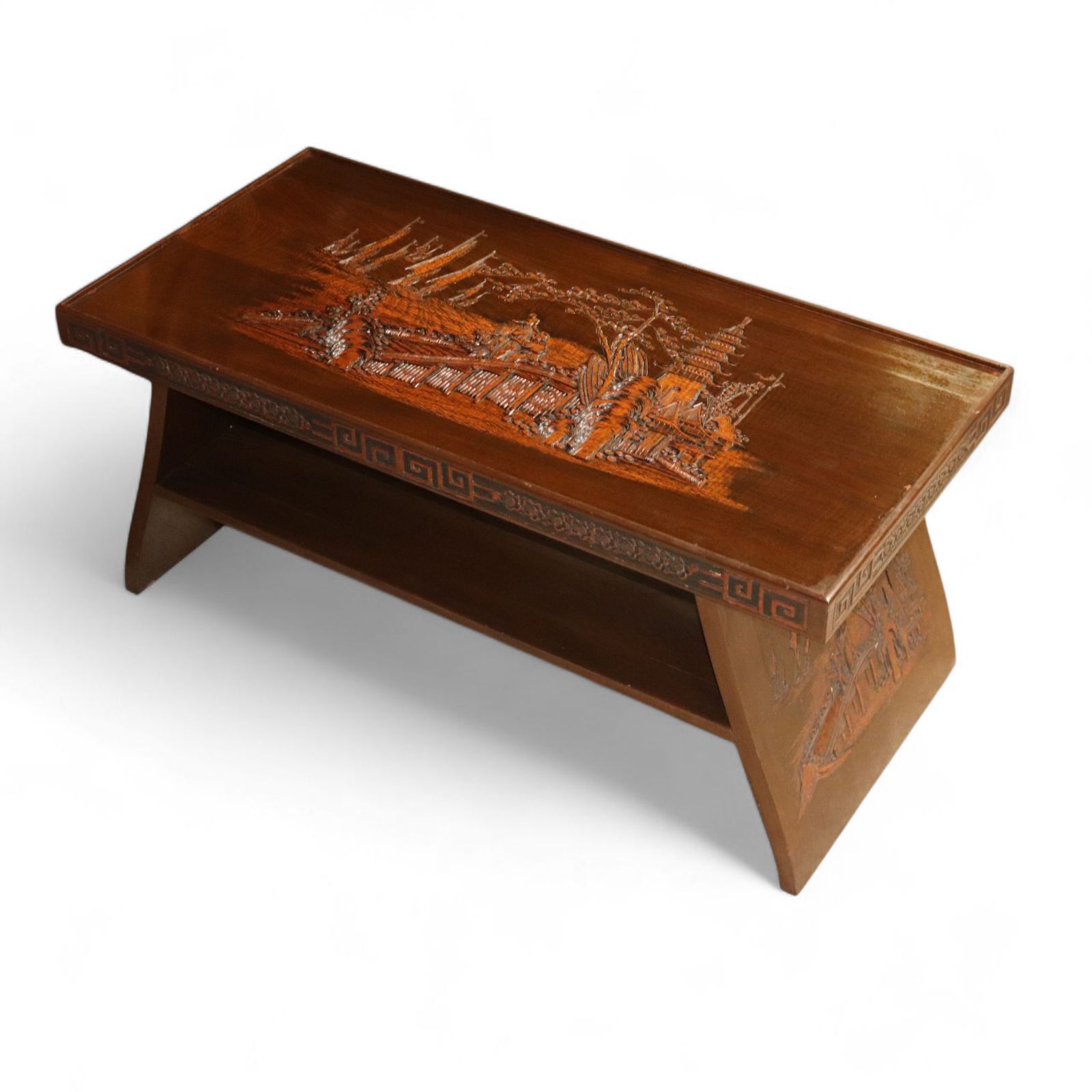 Vintage Chinoiserie Chinese Carved Wood Coffee Table Glass Top photo furniture
