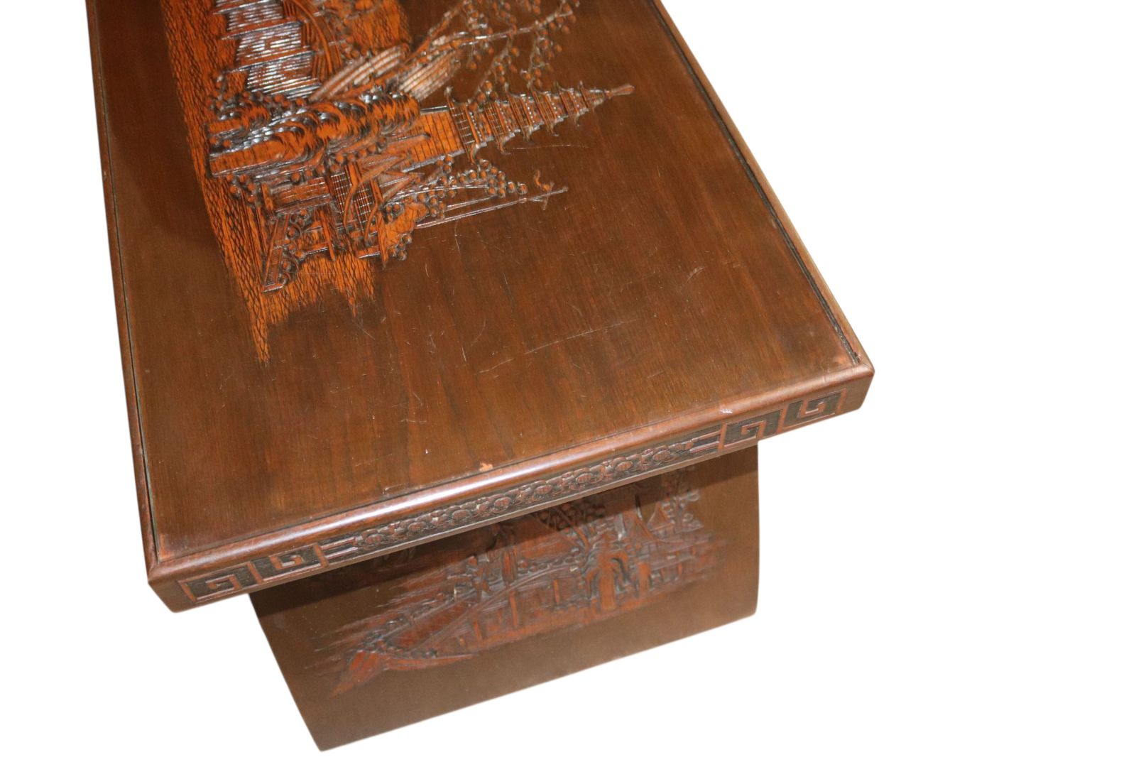 Vintage Chinoiserie Chinese Carved Wood Coffee Table Glass Top photo buy