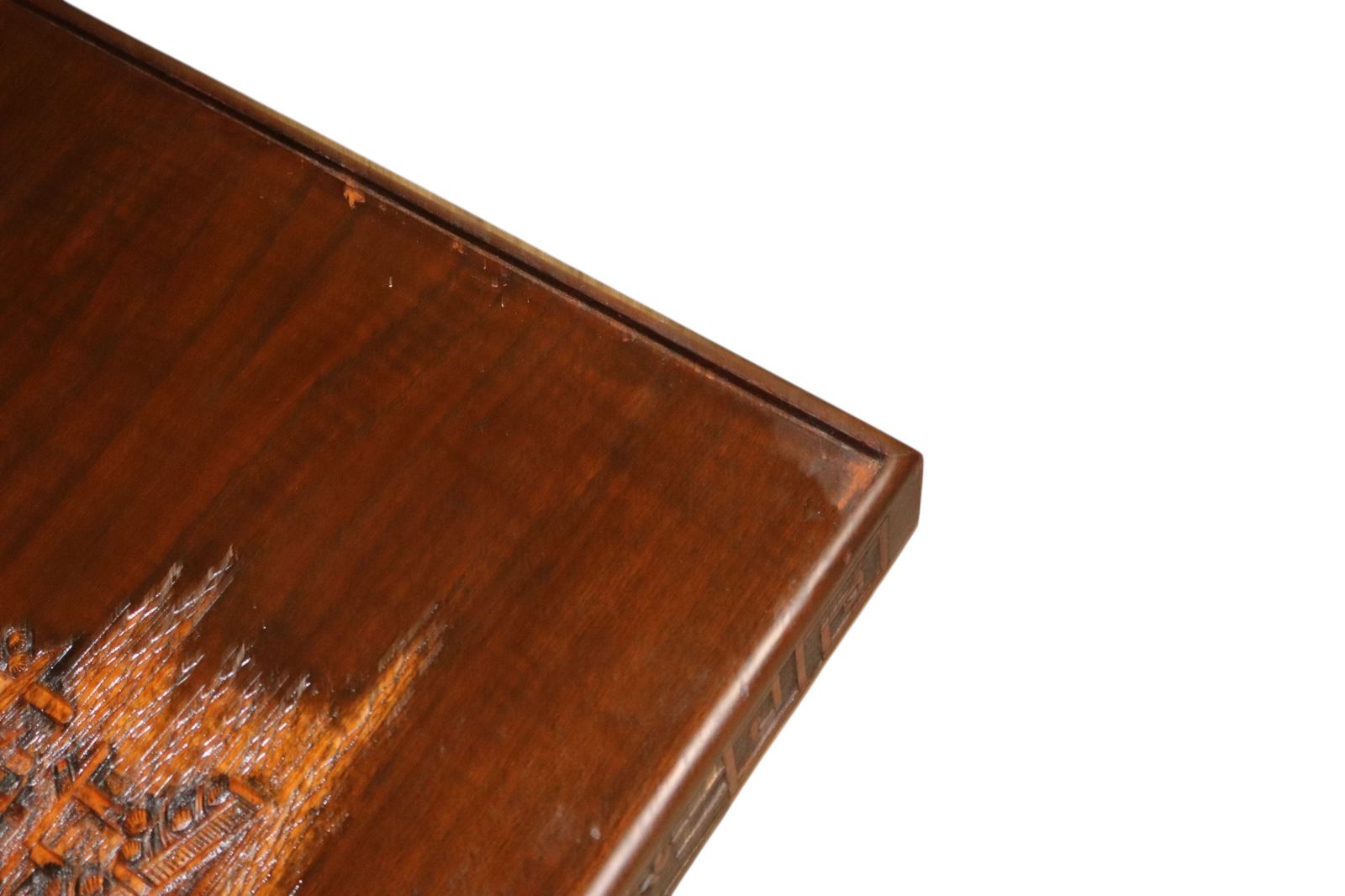 photo for sale Vintage Chinoiserie Chinese Carved Wood Coffee Table Glass Top