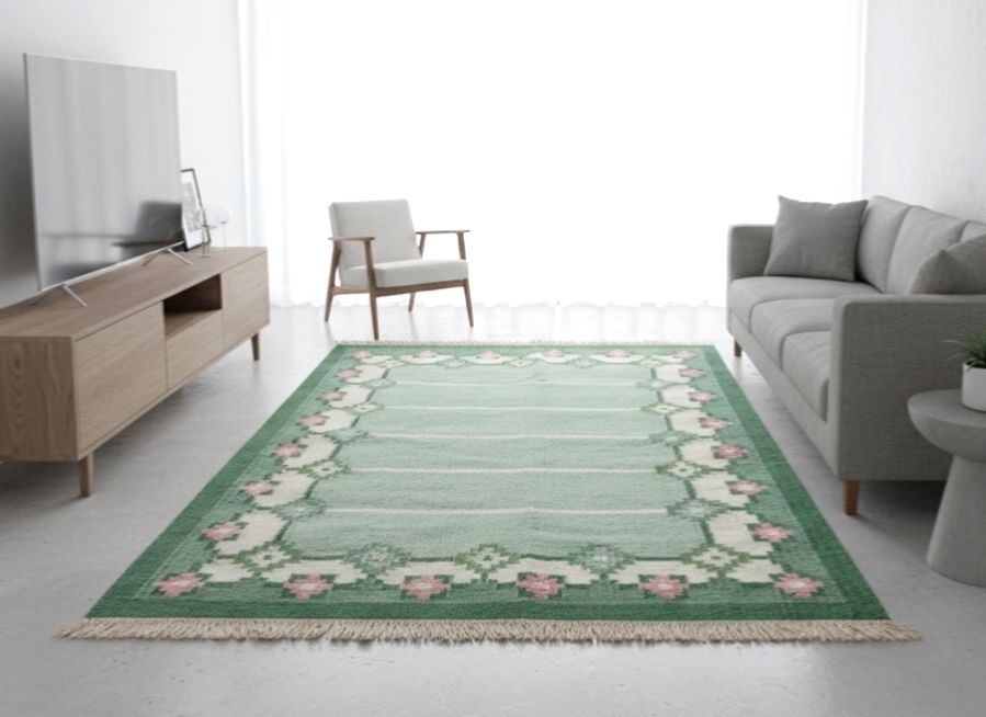 Swedish Green Wool Rug Flat Weave Kilim Rölakan Rug By “M”1960,  208cm X 140 Cm