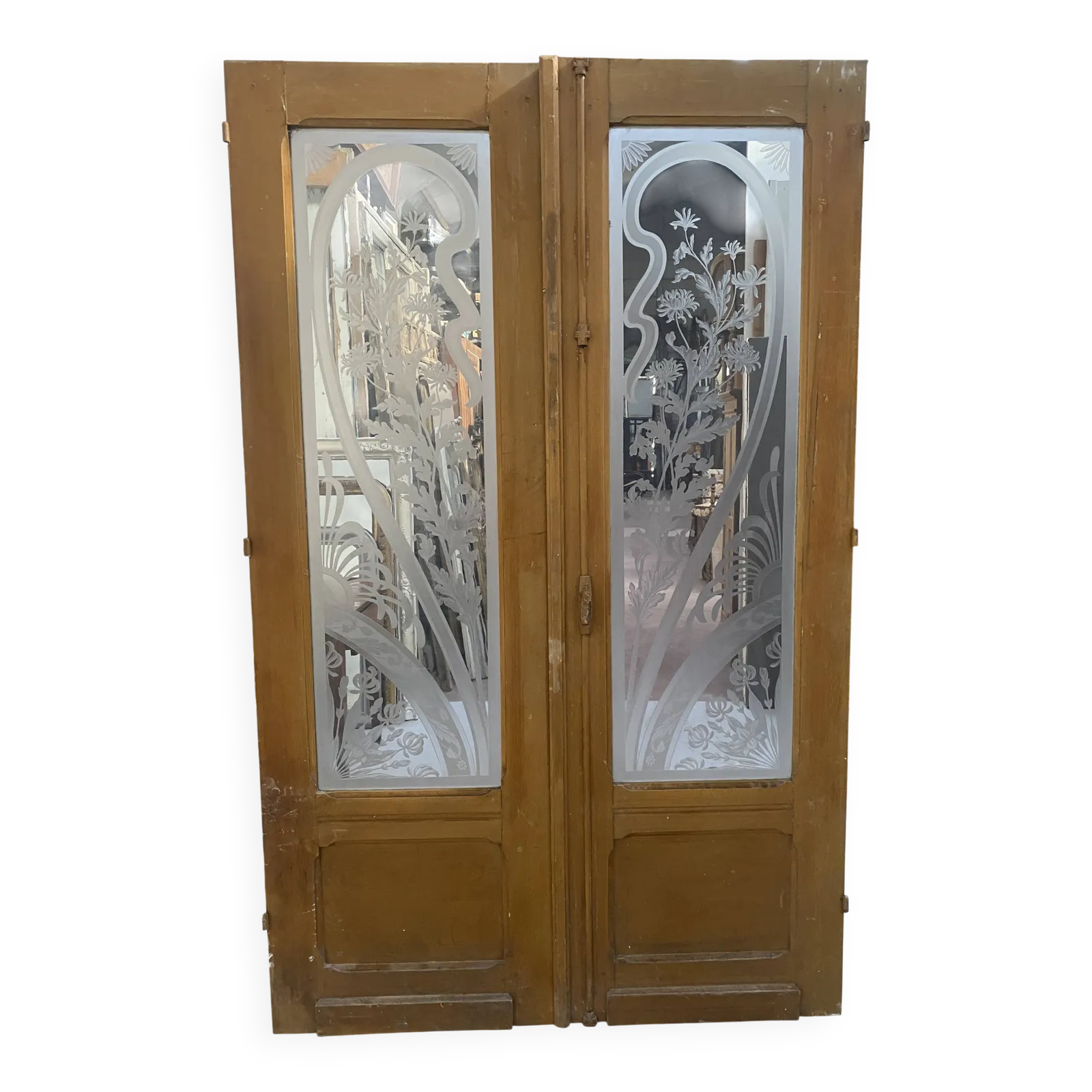 photo vinterior Double Dividing Door In Wood And Etched Glass, 20th Century